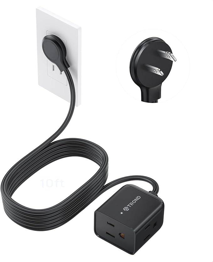 TROND Indoor 2 Prong to 3 Prong Extension Cord 10ft - Polarized Flat Plug for Behind Furniture, Small 3 Way Outlet Extender for Non-Grounded Socket in Old House Home Office Kitchen Travel, Black
