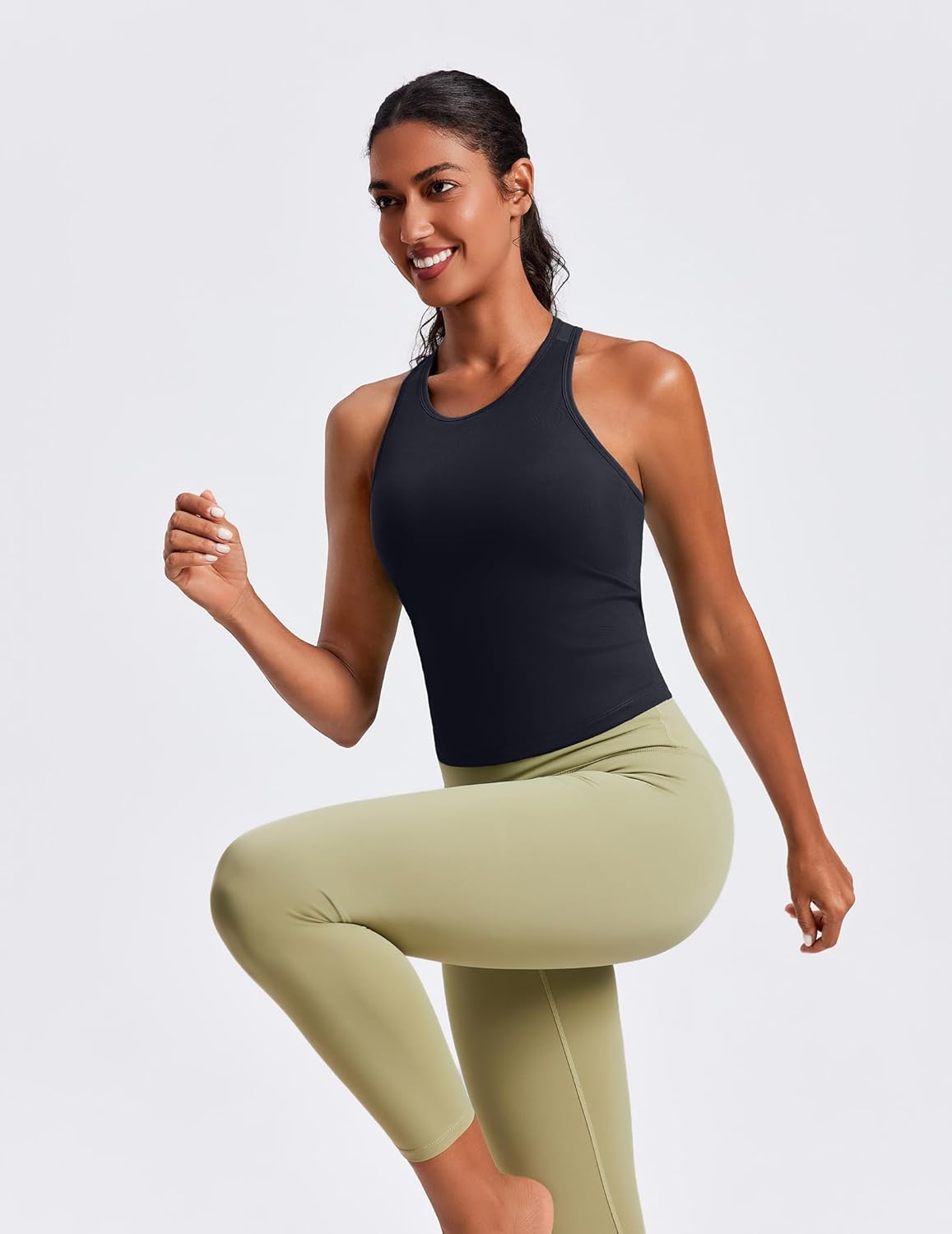 PINSPARK Workout Tops for Women - Racerback Tank with Built-In Bra | Padded Yoga Shirt in Waist Length