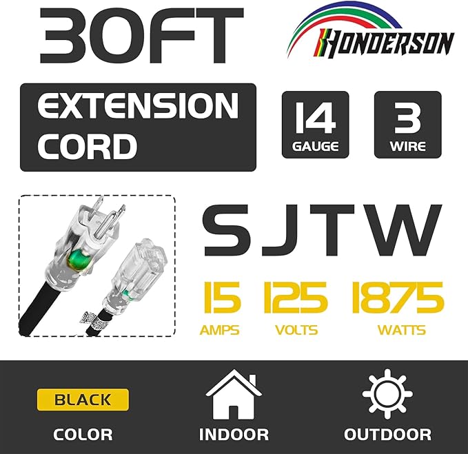 Indoor Outdoor Extension Cord Weatherproof with Lighted End, UL Certified, 14 Gauge 30FT Black 3 Prong SJTW 15A Heavy Duty Power Cord for Outdoor Lights, Lawn