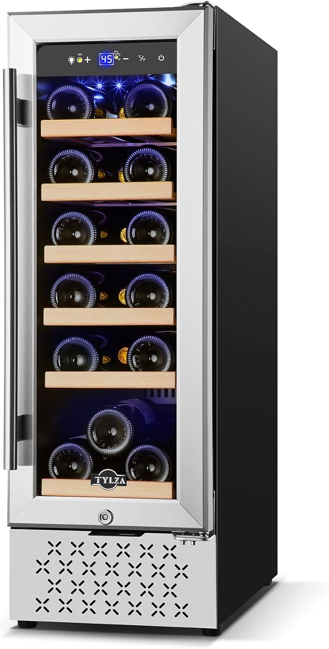 12" Wine Cooler Refrigerator, 18 Bottles Wine Fridge Built-in or Freestanding with Stainless Steel & Double-Layer Tempered Glass Door, Compressor Fast Cooling, Low Noise and No Fog, Mini Fridge