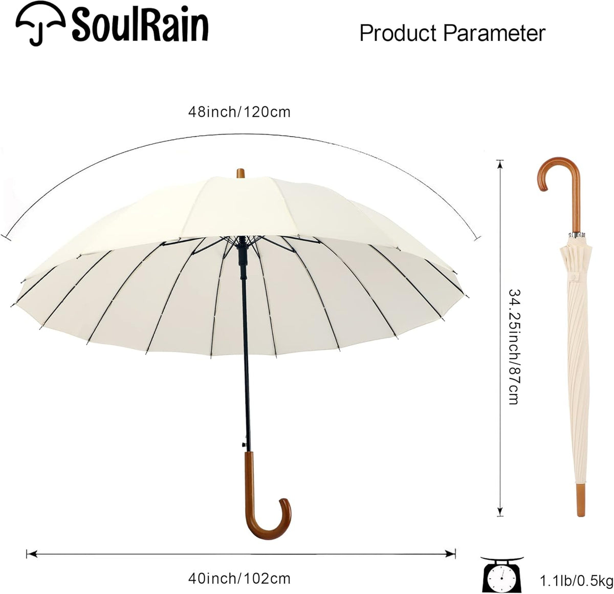 SoulRain 48" Windproof Stick Umbrella - Auto Open, Classic Wood Handle, Solid Color Design