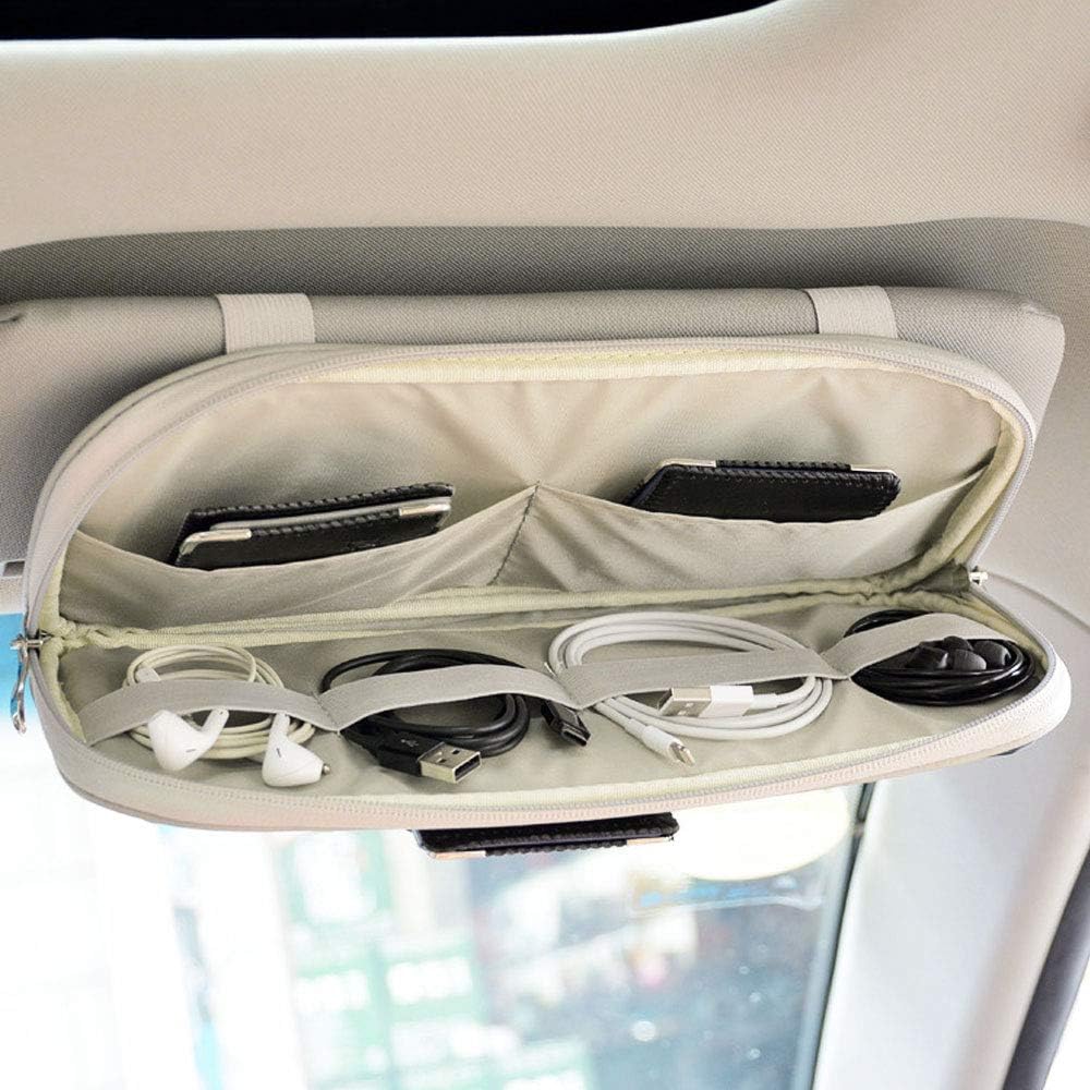Car Sun Visor Organier Truck SUV Sun Visor Storage Pocket Pouch Holder, Multi-Pocket PU Leather with Zipper Net, for Cards Pens Sunglasses Document (Gray)