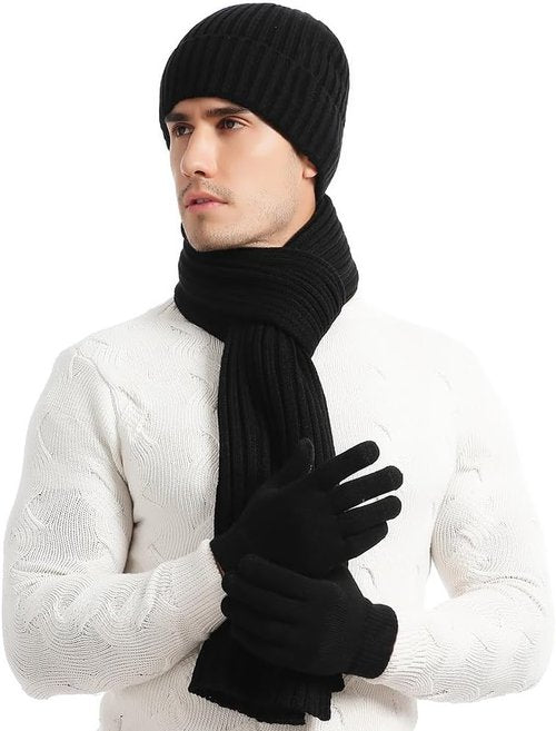 KRATARC Warm Knitted Scarf and Beanie Hat Set - Unisex Fleece for Cold Winter Days