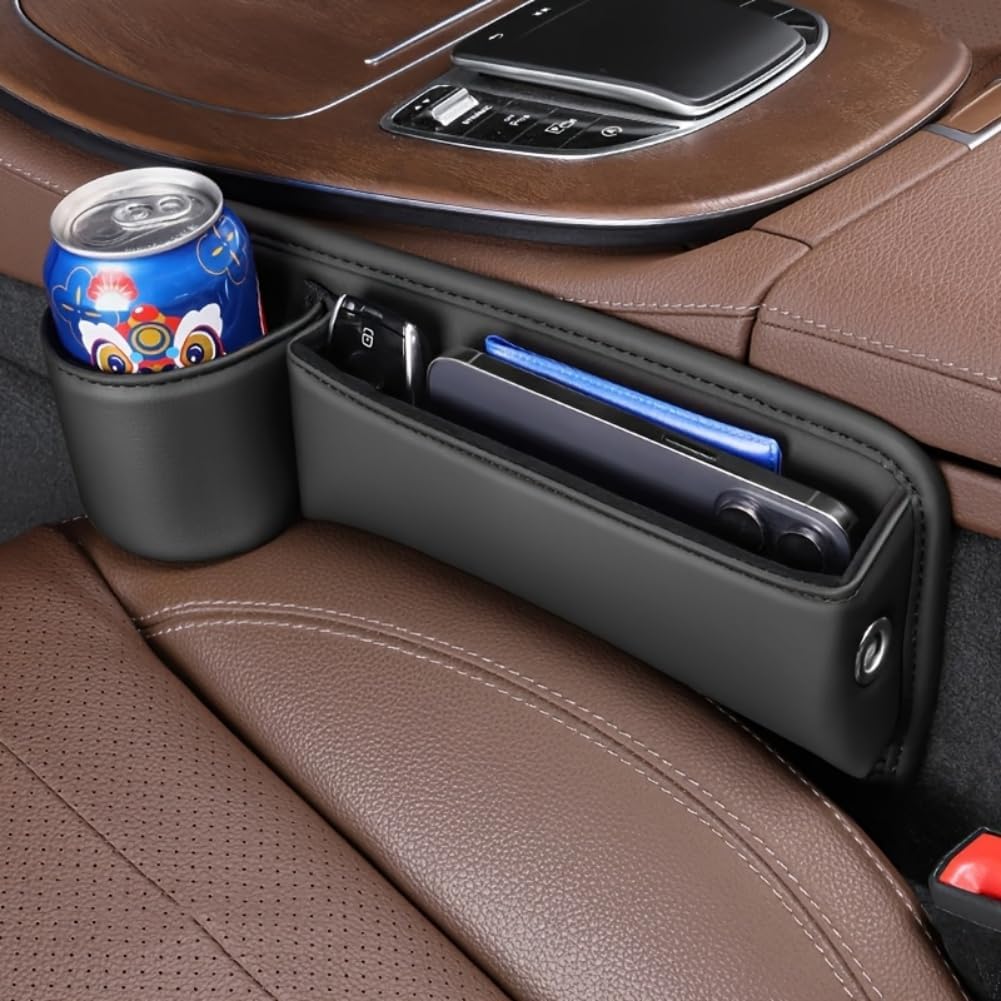 Car Seat Gap Filler Organizer with Cup Holders, Seat Gap Storage Box for Drinks, Phones, Keys, Sunglasses, Cards, and Small Essentials (Beige, Driver's Seat)