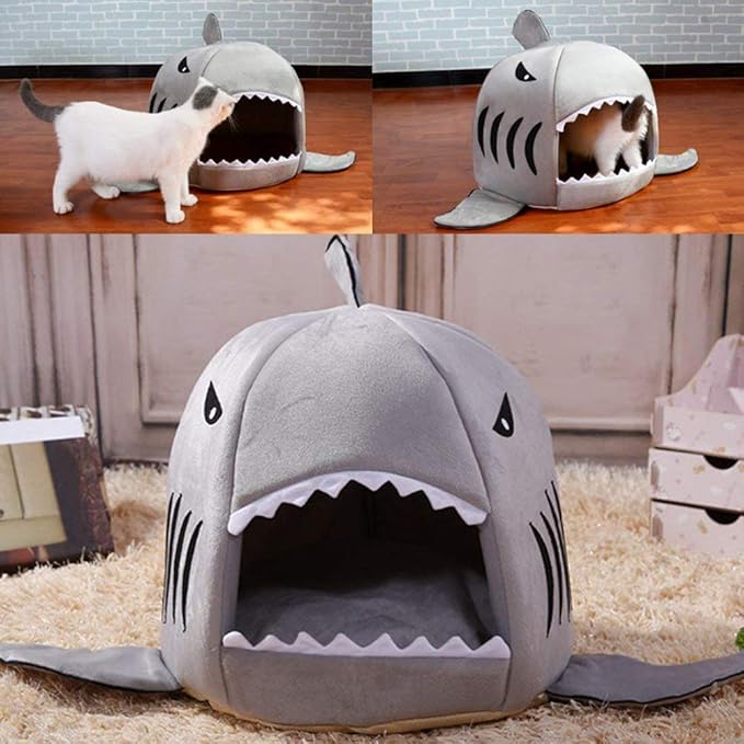 Shark Shaped Pet Dog Puppy Bed Warm Cat Bed House Nest for Autumn Winter Grey S