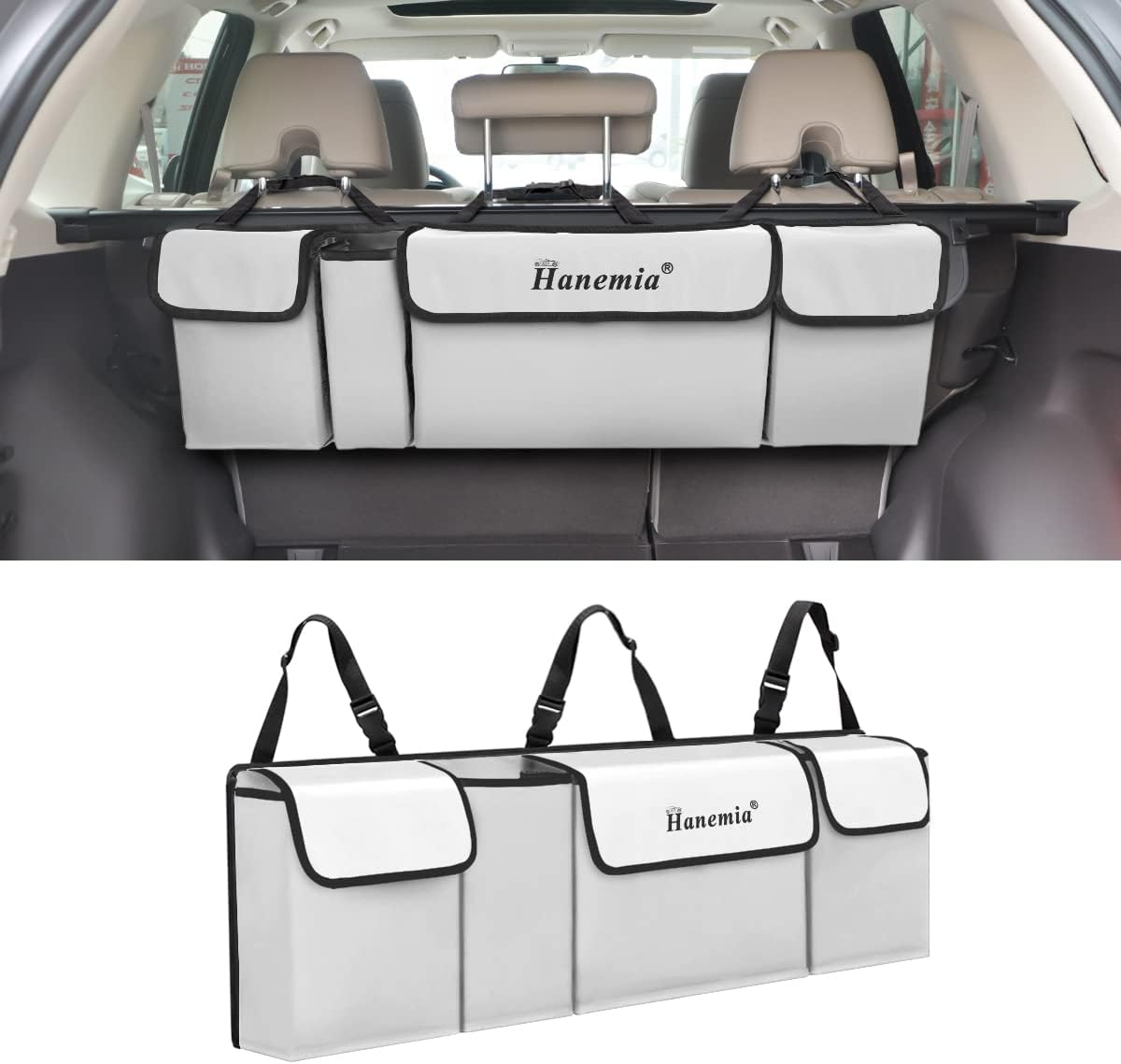 Car Trunk Organizer, Backseat Hanging Storage with 4 Large Pockets, Collapsible Cargo Bag with Adjustable Straps Frees Trunk Floor, Sturdy Space Saving Expert for SUV, Truck, Van (Pink)