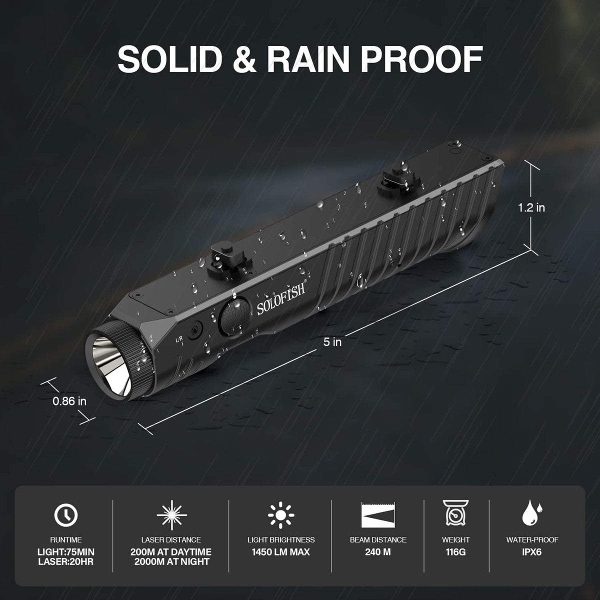 Solofish Tactical Flashlight - 1450 Lumens with Green Laser Sight | Magnetic Rechargeable Mlok Rail Combo