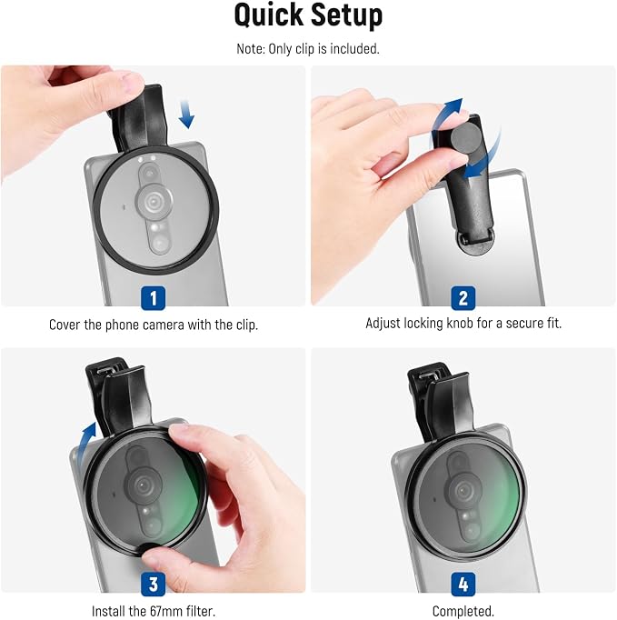 NEEWER 67mm Phone Camera Lens Filter Clamp, Adjustable Threaded Filter Clip