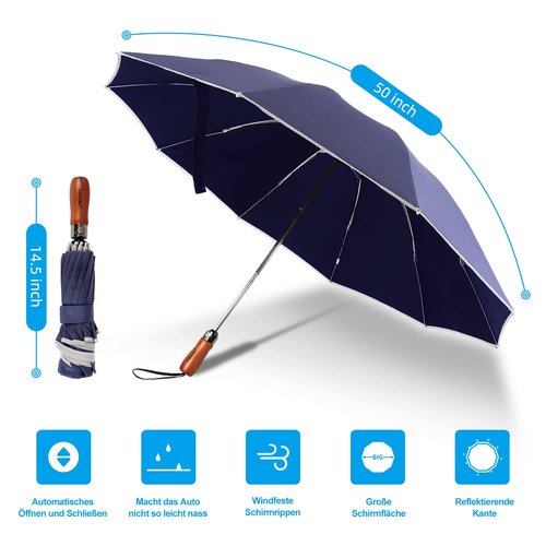 Lejorain Large Reverse Umbrella -50 Inch Windproof Folding Inverted Umbrella - Upside Down with Safety Reflective Strip