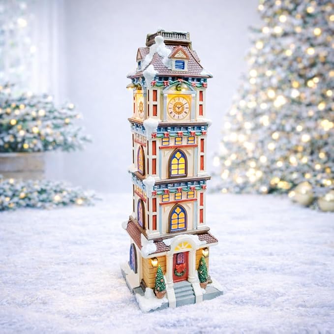 MOMENTS IN TIME Lighted Christmas Clock Tower 14.5” LED Hand-Painted Polyresin