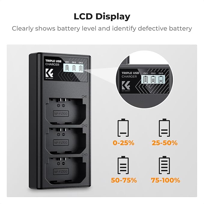 K&F CONCEPT NP-FZ100 Battery Charger, 3-Slot A7iii Camera Battery Charger