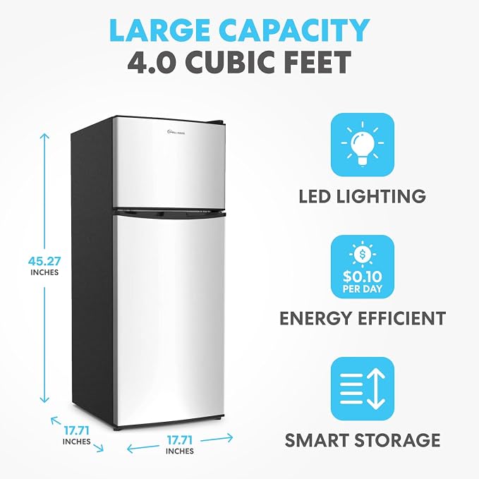 Simpli-Magic 4.0 Cu.Ft. Mini Fridge with Freezer – Compact Double Door Refrigerator for Dorm, Office, Bedroom – Adjustable Thermostat, Energy Efficient, Stainless Steel