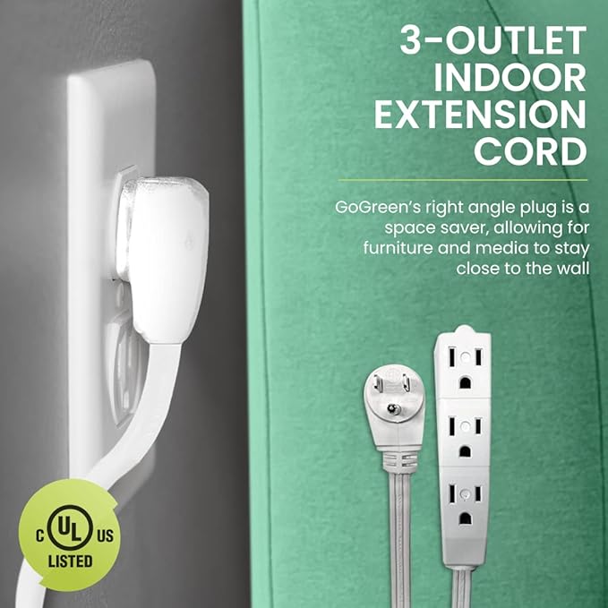 Power By GoGreen Go Green Power Inc. 15ft Extension Cord with 3 Outlets, White - Compact, Flush-Fit Design, Heavy Duty, Grounded Plug - Ideal for Home & Small Appliances - GG-19615