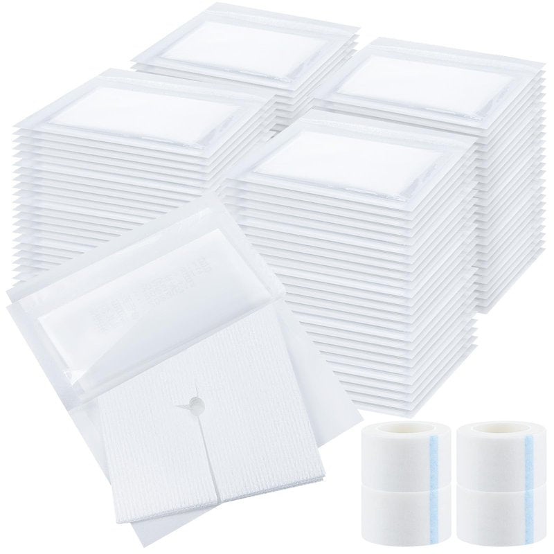 Timgle 400 Pcs 2" x 2" Split Gauze Pads 6 Ply Split Drain Sponge Gauze Non Woven Slit Bandage Sponges with Tape for Wound Care Tubes Drains Supplies