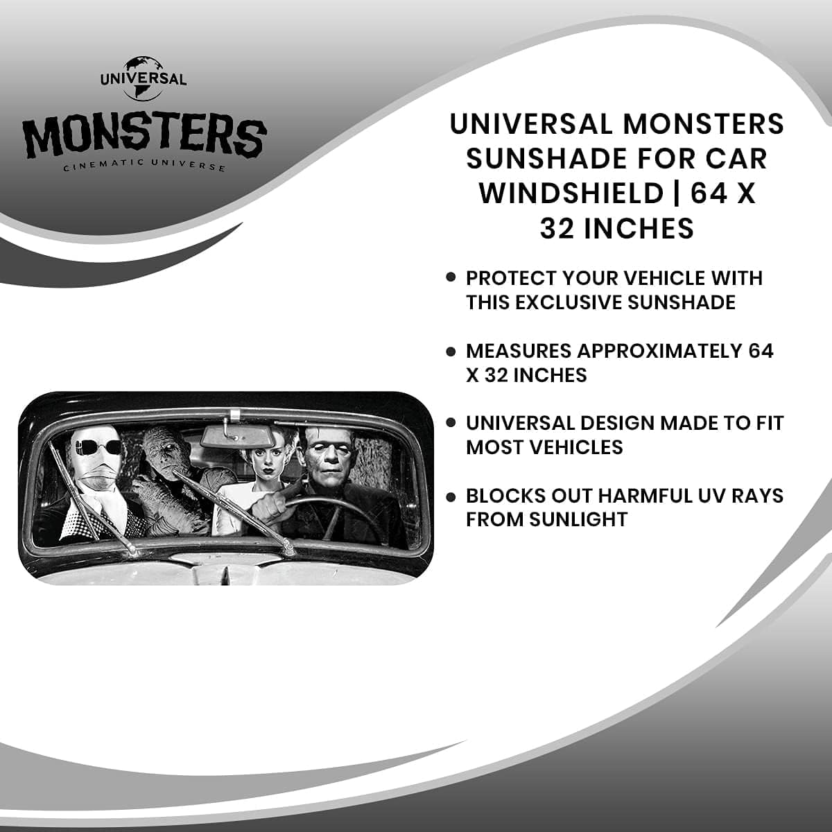 Universal Monsters Classic Horror Movie Sunshade for Windshield | Foldable Sun Visor Protector for Cars, Trucks, SUVs | Blocks UV Rays and Sun Glare | 64 x 32 Inches