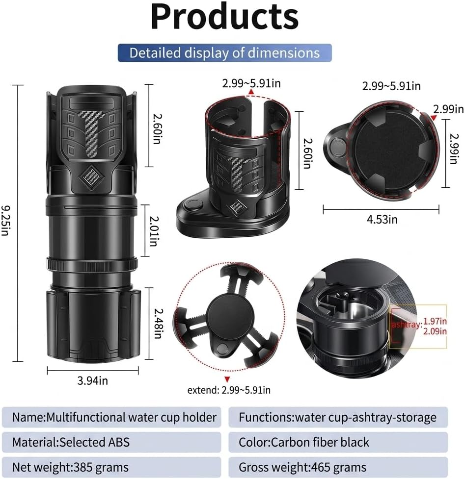 Universal 3-in-1 Car Cup Holder Expander with Removable Ashtray, Adjustable Base & Dual Drink Slots, Heavy-Duty Adapter Fits 18-40oz Bottles and Thermoses for Cars, Trucks, and SUVs