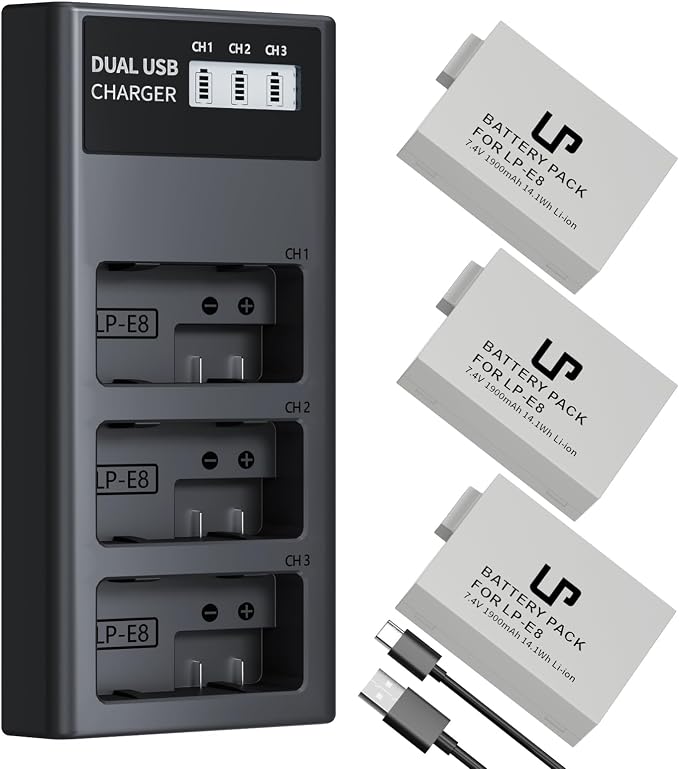LP-E8 Battery Charger Set, LP 3 Pack LPE8 Replacement Battery & Triple Slot
