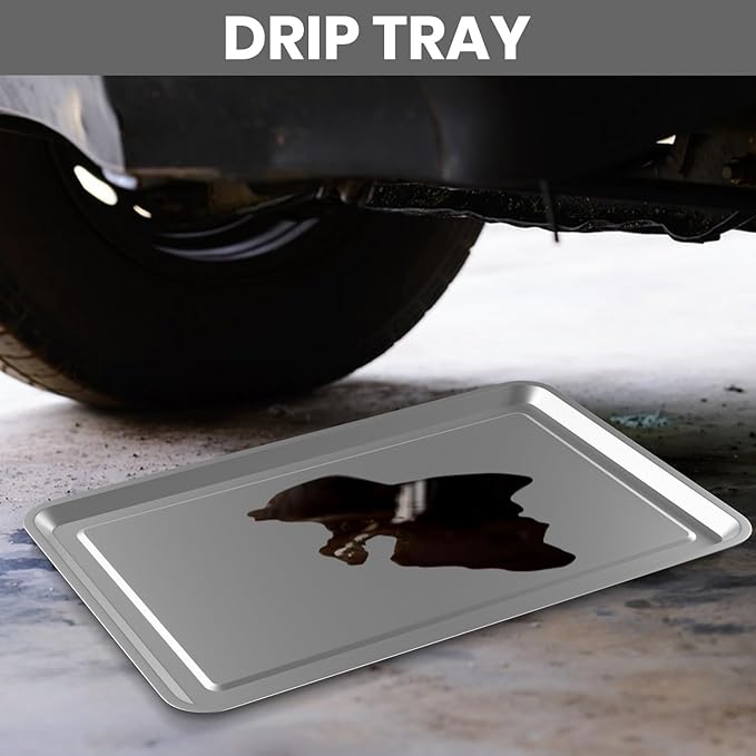 2 Pcs Under Car Oil Pans for Changing Oil, Motorcycle Automotive Oil Change Pan Silver Rust Resistant Drip Tray, Oil Catch Pan Replacement Tray for Garage Machinery Supplies (27.56 x 19.69 Inch)