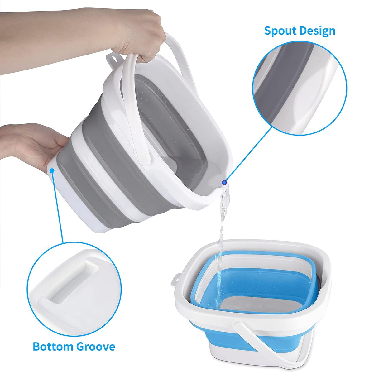 2 Pack Collapsible Buckets 5L 1.3Gallon Small Cleaning Bucket for Household Portable Plastic Bucket Outdoor Car Washing Tub Foldable Camping Beach Sand Water Pot Pail Space Saving Square Grey and Blue