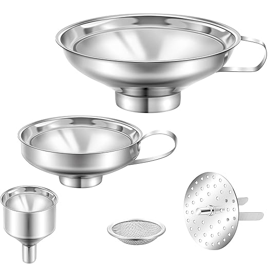 Shappy 5 Pieces Stainless Steel Funnels Set Canning Funnel Fine Mesh Strainer Mesh Filter Compatible with Wide and Regular Narrow Mouth Mason Jar