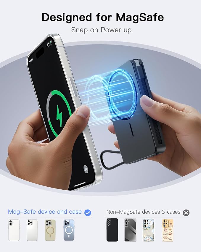 Magnetic Power Bank, 10,000mAh Wireless Portable Charger for Mag-Safe 15W Fast Charging, Battery Pack with USB-C Cable 20W in/Out for iPhone 17e/Air/17/16/15/14/13/12/Plus/Pro/Pro Max, AirPods & More