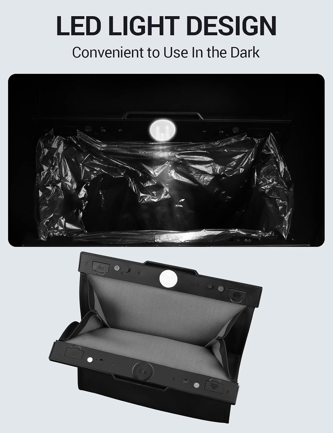 Leather Car Trash Can with LED Light & Lid for Tesla Model 3/Y/S/X – Hanging Seat Back Waste Bin, Waterproof, Black