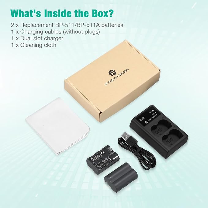 FirstPower BP-511 BP-511a Battery 2-Pack 2200mAh and Dual USB Charger