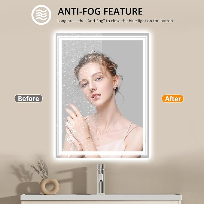 WTTY LED Bathroom Mirror 32x24 Inch, Front Light and Backlit LED Mirror for Bathroom, Lighted Vanity Mirror for Wall, Stepless Dimmable, Anti-Fog, Shatter-Proof, Memory, Double LED Vanity Mirror