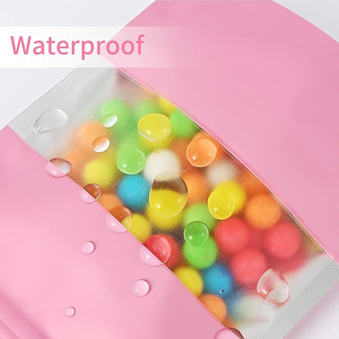 100 Pieces Smell Proof Mylar Resealable Food Storage Bags With Clear Window, Foil Pouch Stand-up for Self Sealing Supplies (Pink, 5.3 x 7.8 Inch)