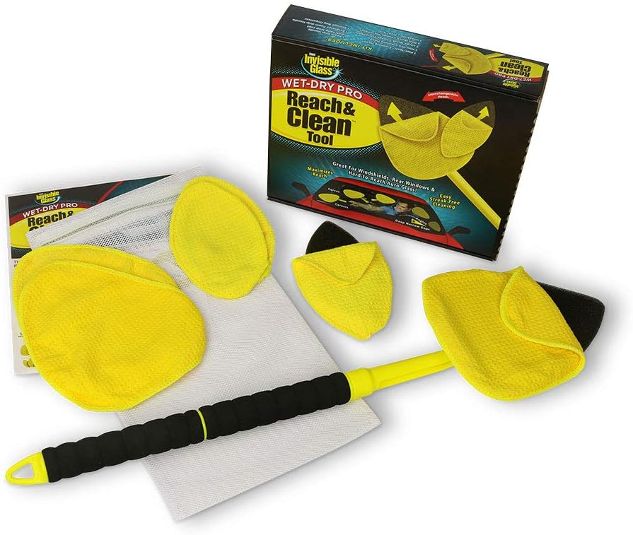 Invisible Glass 95164 Reach & Clean Wet-Dry Pro Windshield Cleaning Tool With Extendable Handle, Standard and Mini Cleaning Heads, Reusable Microfiber Pads, and Storage Bag for Auto and Home Glass