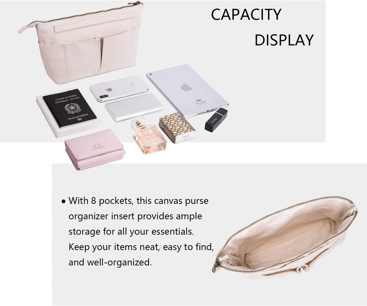 Tote Organizer Insert Purse Organizer for Handbags Cotton Canvas Simple Style Multiple Compartments (Beige)