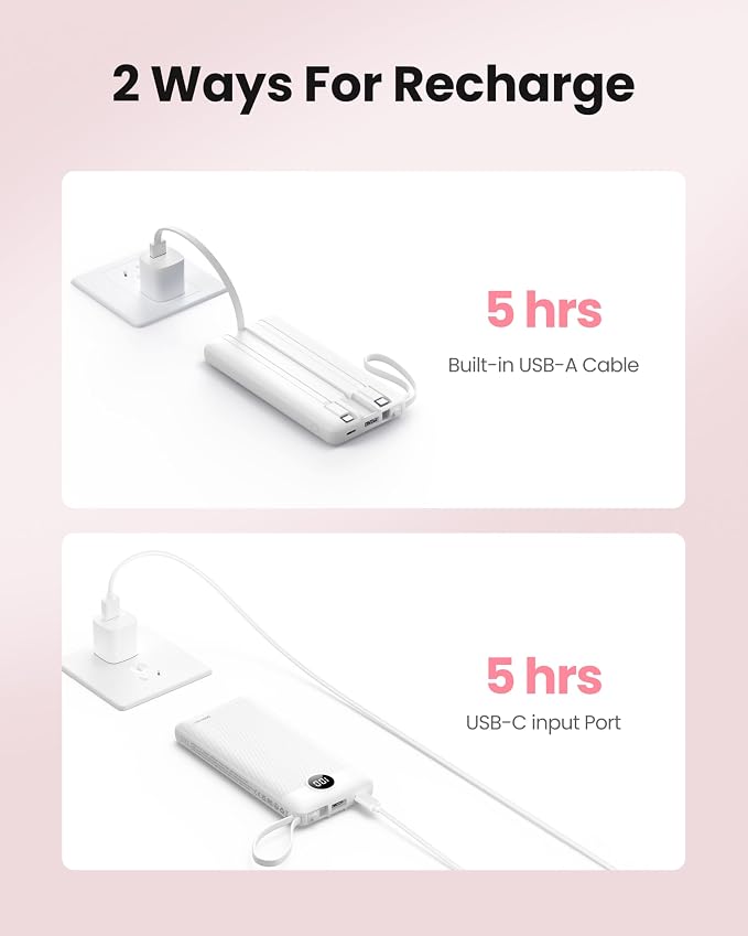 Portable Power Bank, 10000mAh Slim Portable Charger with Built-in Cables, External Battery Pack 5 Outputs 2 Inputs LED Display Compatible with iPhone/Android & More (White)