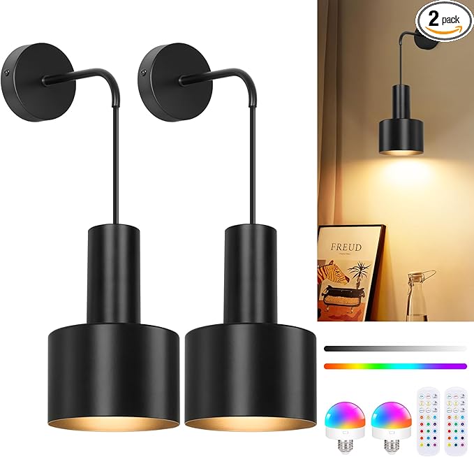 VerRon Rechargeable Battery Operated Wall Sconce Set of Two, Black Wireless Battery Powered Lights with Dimmable Detachable Bulbs & Remote, Modern Sconces Wall Decor for Bedroom Living Room Hallway