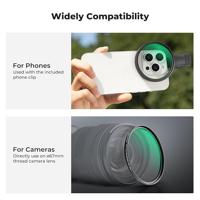 K&F CONCEPT 67mm Clip-on Black Diffusion 1/4 Phone Camera Lens Filter Kit