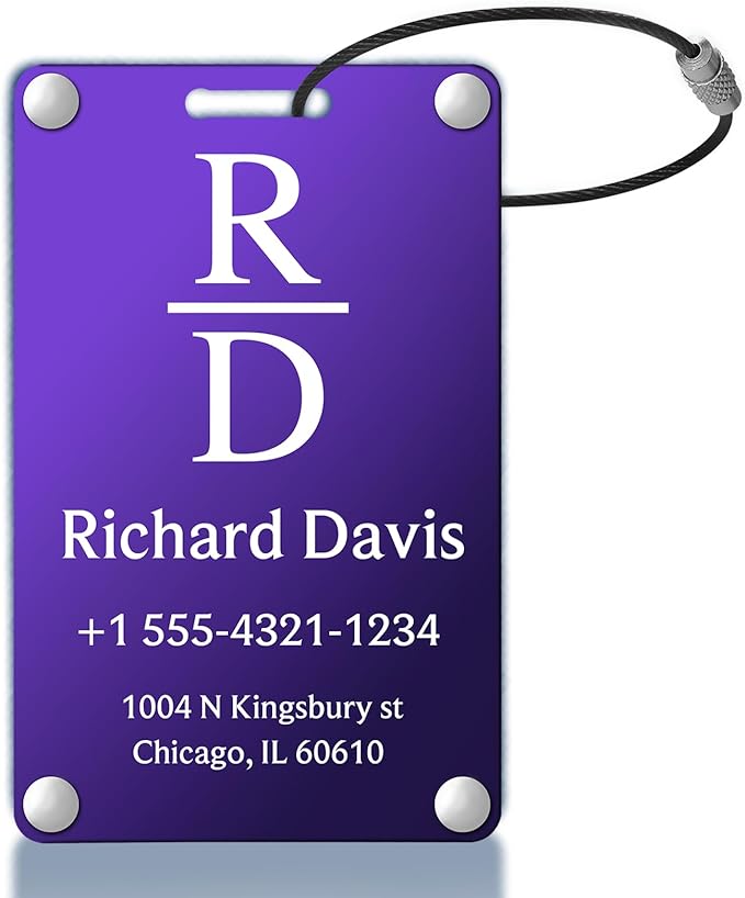 Personalized Luggage Tags for Suitcases - Monogram Style Aluminum Custom Luggage Tags for Backpacks & Bags, Sturdy, Waterproof & Heavy Duty (Purple/Card-Sized)