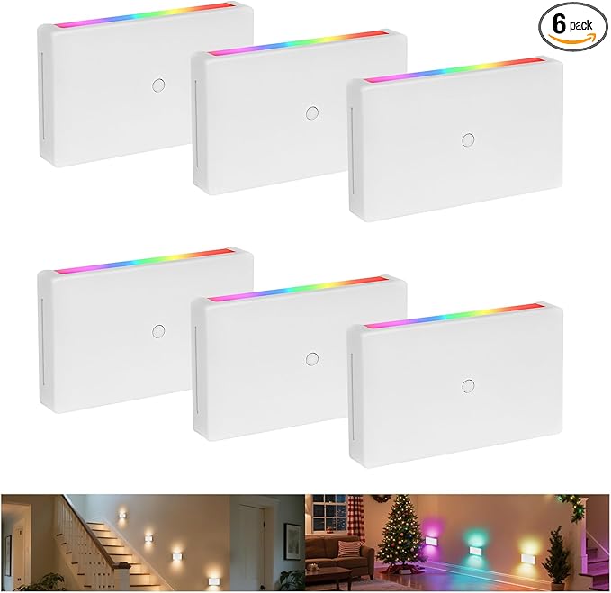 RGB Step Lights Indoor, 100V-277V Dimmable 2.5W, Wired LED RGB Color Changing Stair Night Lights for Bedroom/Step/Hallway/Aisle/Christmas/Halloween, Up Down, 10 Color, ETL, White, 6Pack
