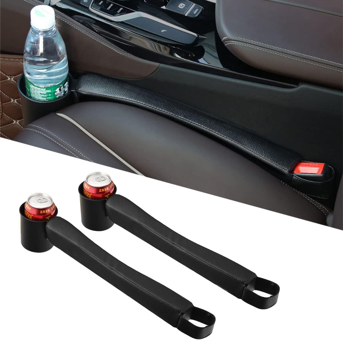 Tumecos Car Seat Gap Filler Pad PU Leather Console Side Pocket Organizer with One Cup Holder for Cellphone Wallet Coin Key 2 Pcs (Black+Black Surface)