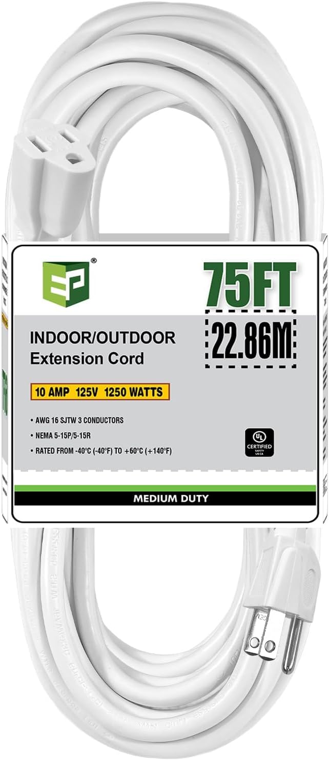 EP 75 Ft Outdoor Extension Cord - 16/3 SJTW White Electrical Cable with 3 Prong Grounded Plug