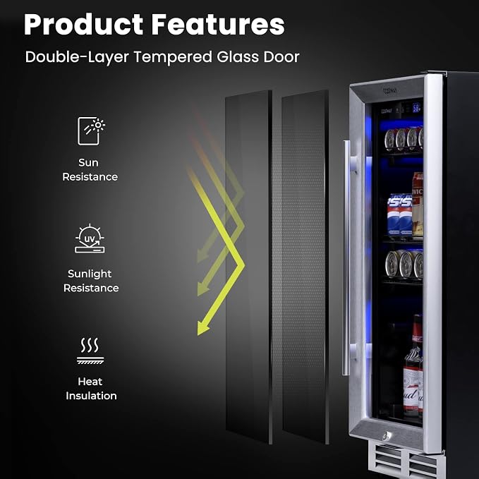 COSTWAY 15 Inch Beverage Cooler Refrigerator - 3.5 Cu.ft Mini Fridge with Glass Door, Lock and Removable Shelves for Soda Beer Wine, Freestanding Small Drink Refrigerator for Home Office Bar