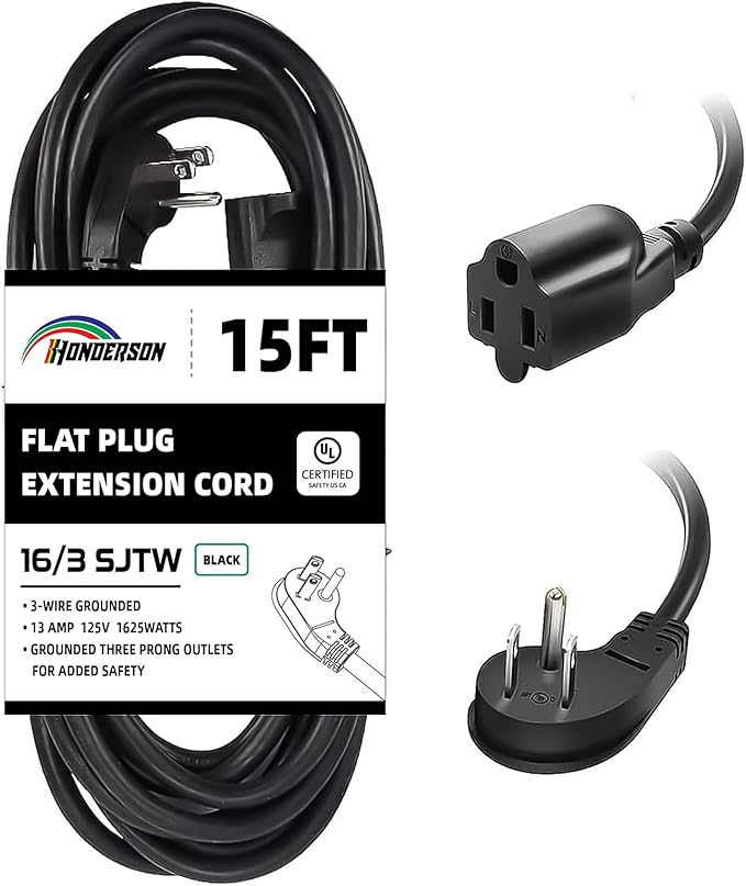 Flat Plug Indoor Extension Cord, UL Certified, 16 Gauge 15FT Black 3 Prong Heavy Duty, 16/3 SJTW 13A Power Cord for Lights, Appliances, Home