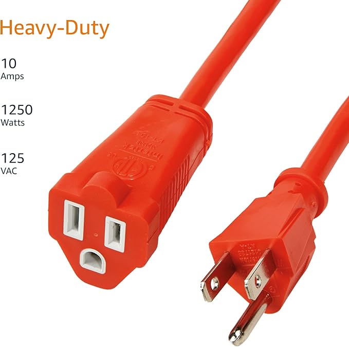 Amazon Basics 100 foot 3-Prong Vinyl Indoor/Outdoor Extension Cord - 10 Amps, 1250 Watts, 125 VAC - Orange