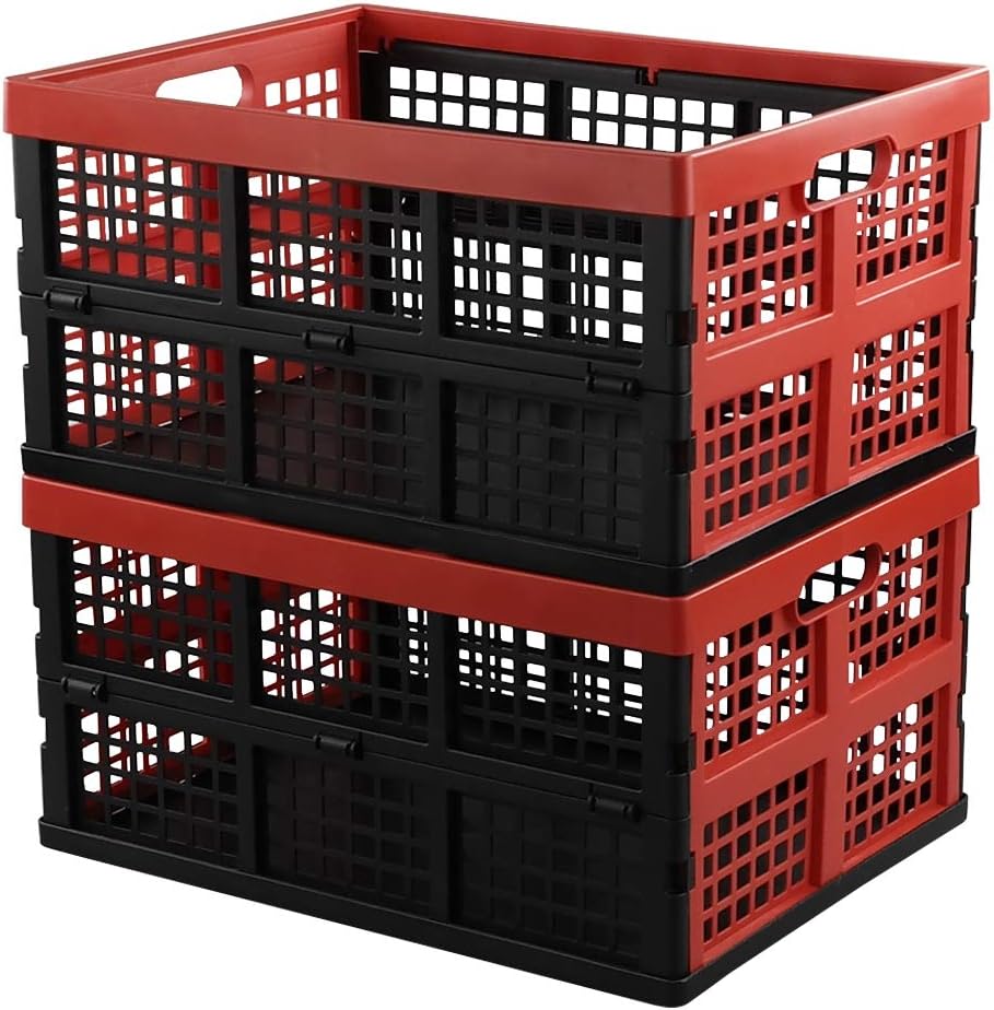 Hespama 35 QT Plastic Folding Milk Crates, Collapsible Storage Bins, 2 Pack
