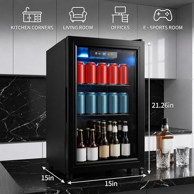 Dawmilon 1.8 Cu.Ft Mini Fridge, 70 Can Beverage Refrigerator, Compact Drink Fridge with Glass Door, Adjustable Shelves, Temperature Control, Beverage Cooler for Soda Beer Wine Dorm Office Bedroom