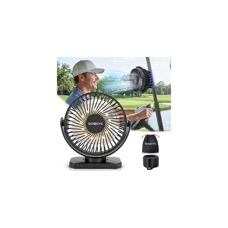 SOQSYS 12000mAh Golf Cart Fan Rechargeable Magnetic Base, Battery Operated Fan Portable with 3 Speeds, LED, Timers, Strap, Hook - Golf Cart Accessories Suitable for Club Car Camping Office Cruise Ship