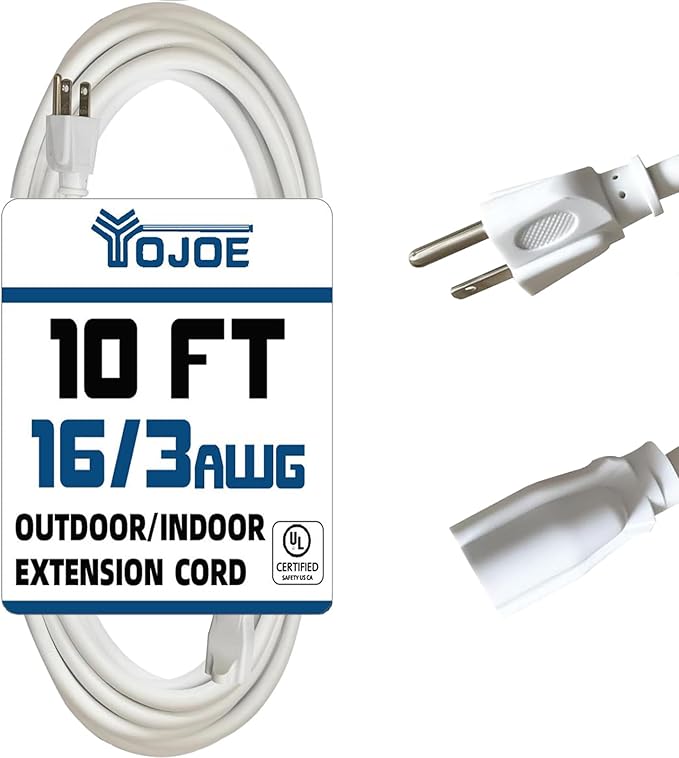 YOJOE Indoor Outdoor Extension Cord, 3 Prong 13A Weatherproof Power Cord, 16 Gauge Heavy Duty 10 ft White Extension Cord for Garage, Garden and Home, 16/3 SJTW UL Listed