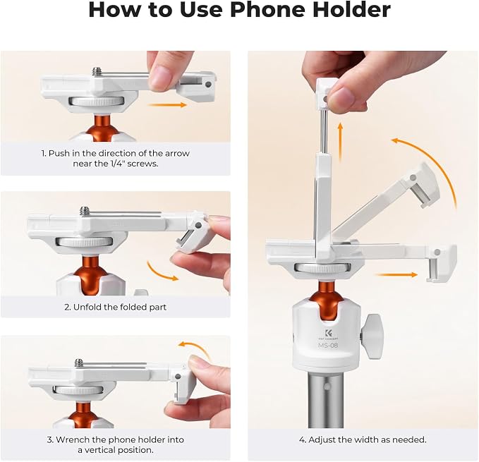 K&F CONCEPT MS08 62'' Selfie Stick Tripod, 2-in-1 Extendable White Phone Tripod