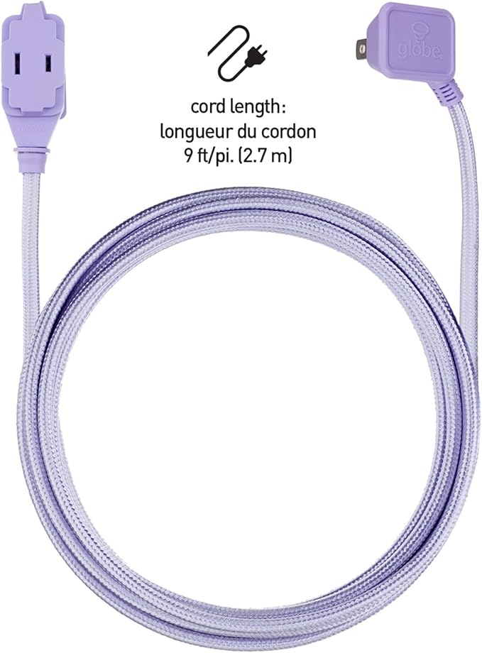 GLOBE Electric 22892 Designer Series 9-ft Fabric Extension Cord, 3 Polarized Outlets, Right Angle Plug, 125 Volts, Metallic Purple