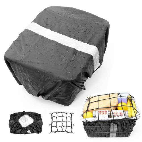 ANZOME Bike Basket Liner & Waterproof Rain Cover (2-in-1), Bicycle Basket Insert with Reflective Strip & Adjustable Cargo Net (12" Stretches to 24") - Fits Most Front/Rear Baskets
