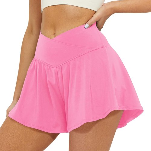 FireSwan Women's Crossover Athletic Shorts - 2-in-1 Flowy Running Shorts with Pockets & Spandex | Butterfly Design