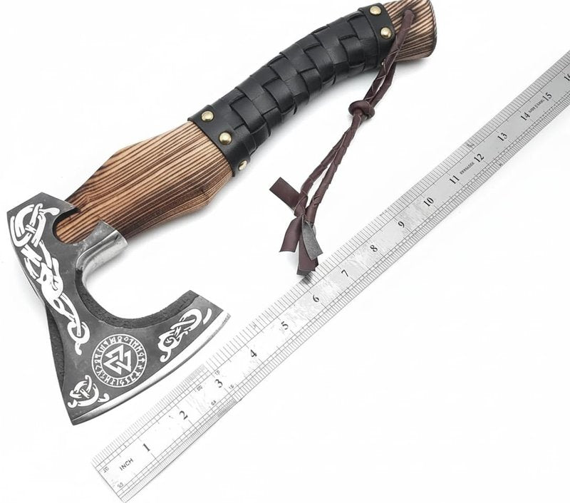 Viking Axe Ashwood Handle Handmade Carbon Steel Blade, Outdoor Camping Hunting, Norse Hatchets Axes, with Black Leather Wrapped Handle & Leather Sheath Wood Splitting Axes